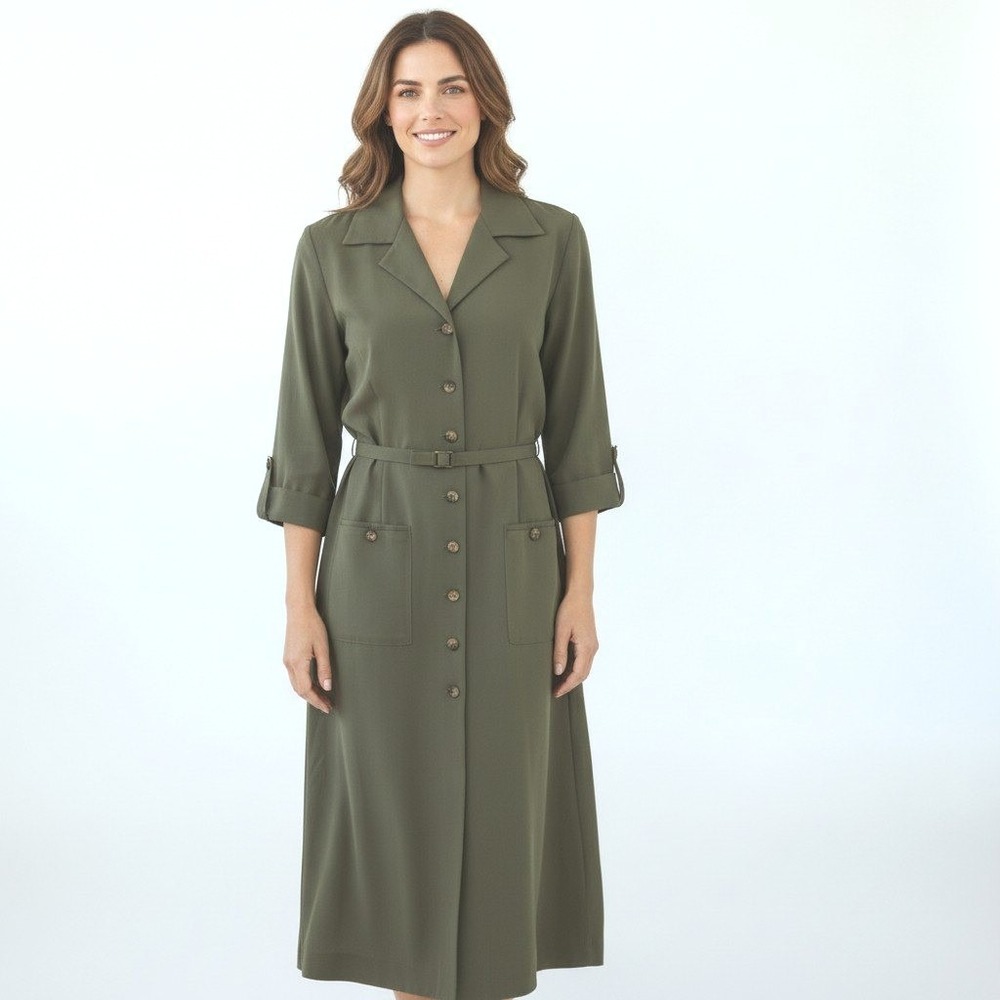 Positive Attitude Olive Green Button Front Belted Midi Shirt Dress Size 12